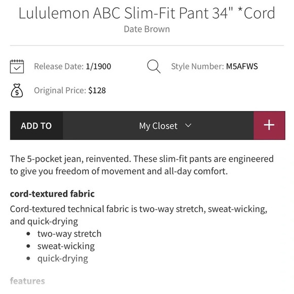 Men's Lululemon ABC Slim Pant Cord in Date Brown Size 32 - Picture 12 of 13